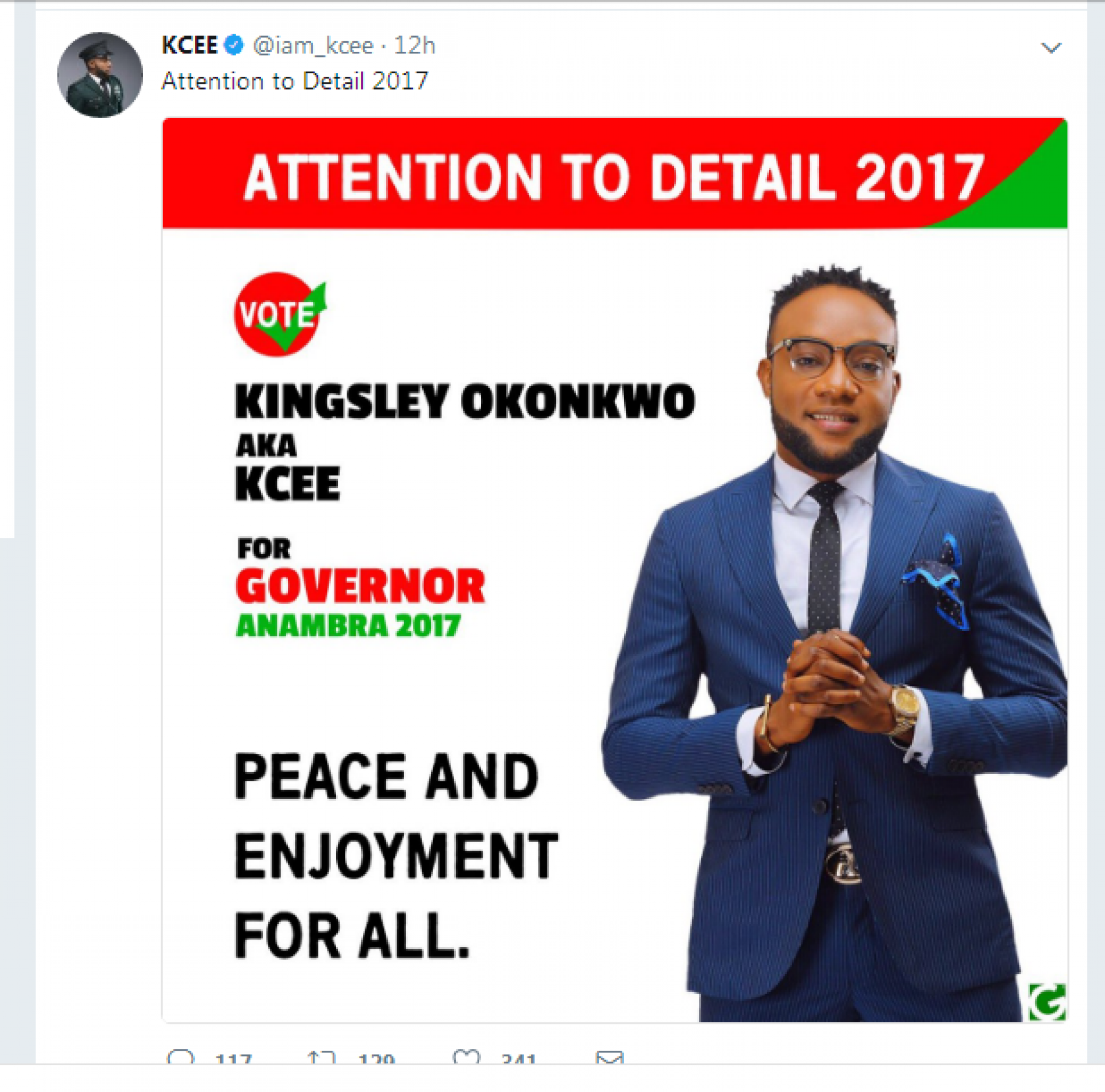 Limpopo Crooner-KCEE declares to run for Anambra Guber Race.