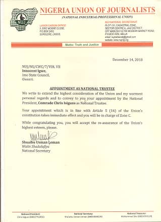 Innocent Igwe's Letter of appointment as National Trustee of NUJ