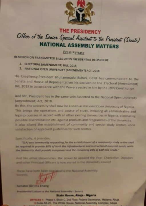 A copy of the assent letter by Buhari approving inclusion of National Open University in NYSC scheme. 