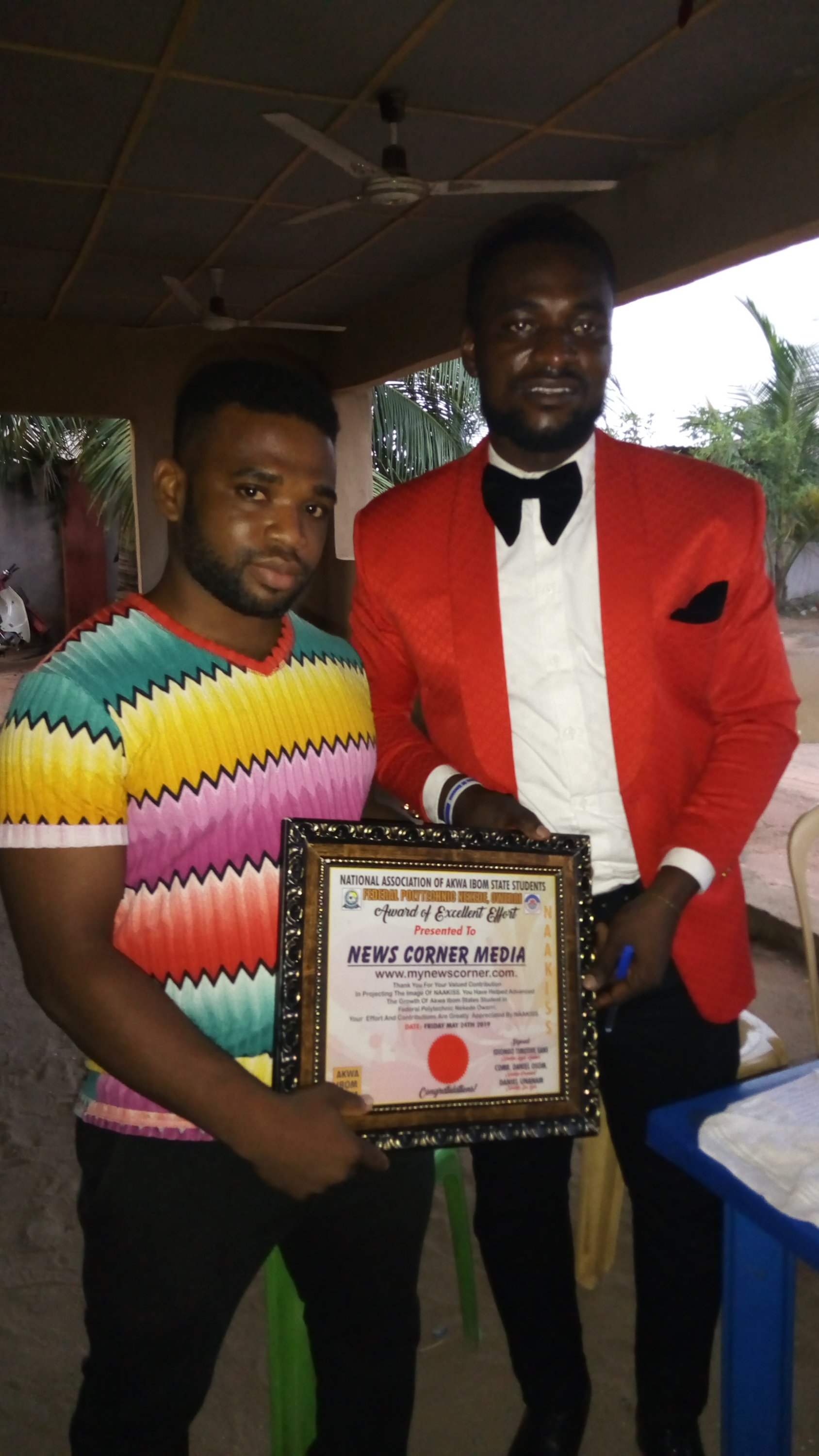 Publisher -News Corner Media, ThankGod Emeh with the President of National Association of Akwa Ibom State Students,NAAKISS, Nekede Chapter Owerri. 