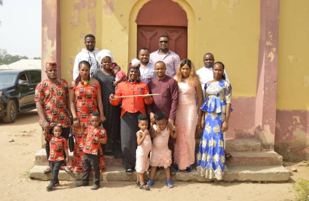 Mrs Stella Onyiriuka with her children after being conferred Dame of St Christopher (Knighthood) by Ohaji/ Egbema Diocese, at st Peter Anglica Church, Umuokanne, Ohaji, recently.
