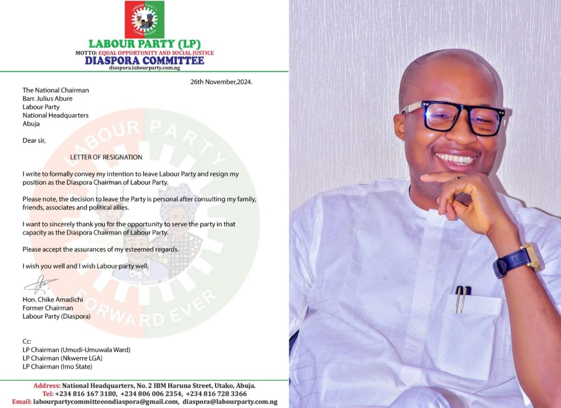 Breaking News: Labour Party Diaspora Chairman Resigns, Joins the ruling APC