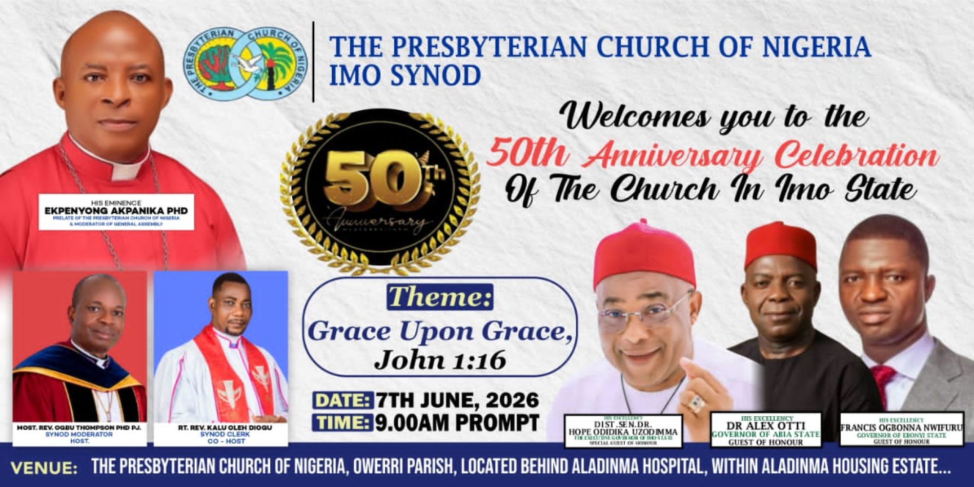 Uzodinma, Otti, Nwifuru, Prelate, others to attend Presbyterian Church 50th anniversary in Imo