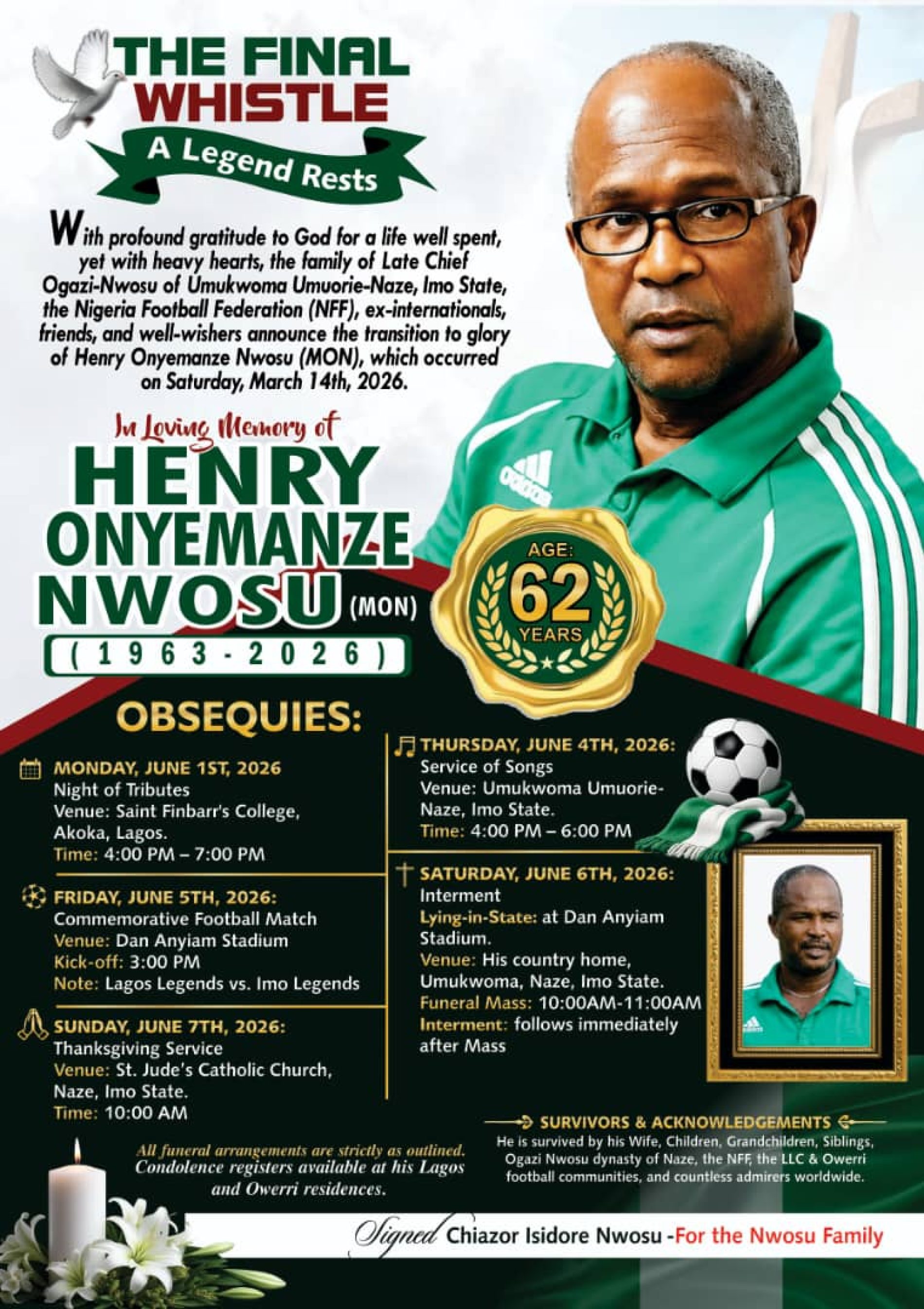 Imo SWAN Pays Tribute to Football Icon Henry Nwosu as Burial Plans Emerge