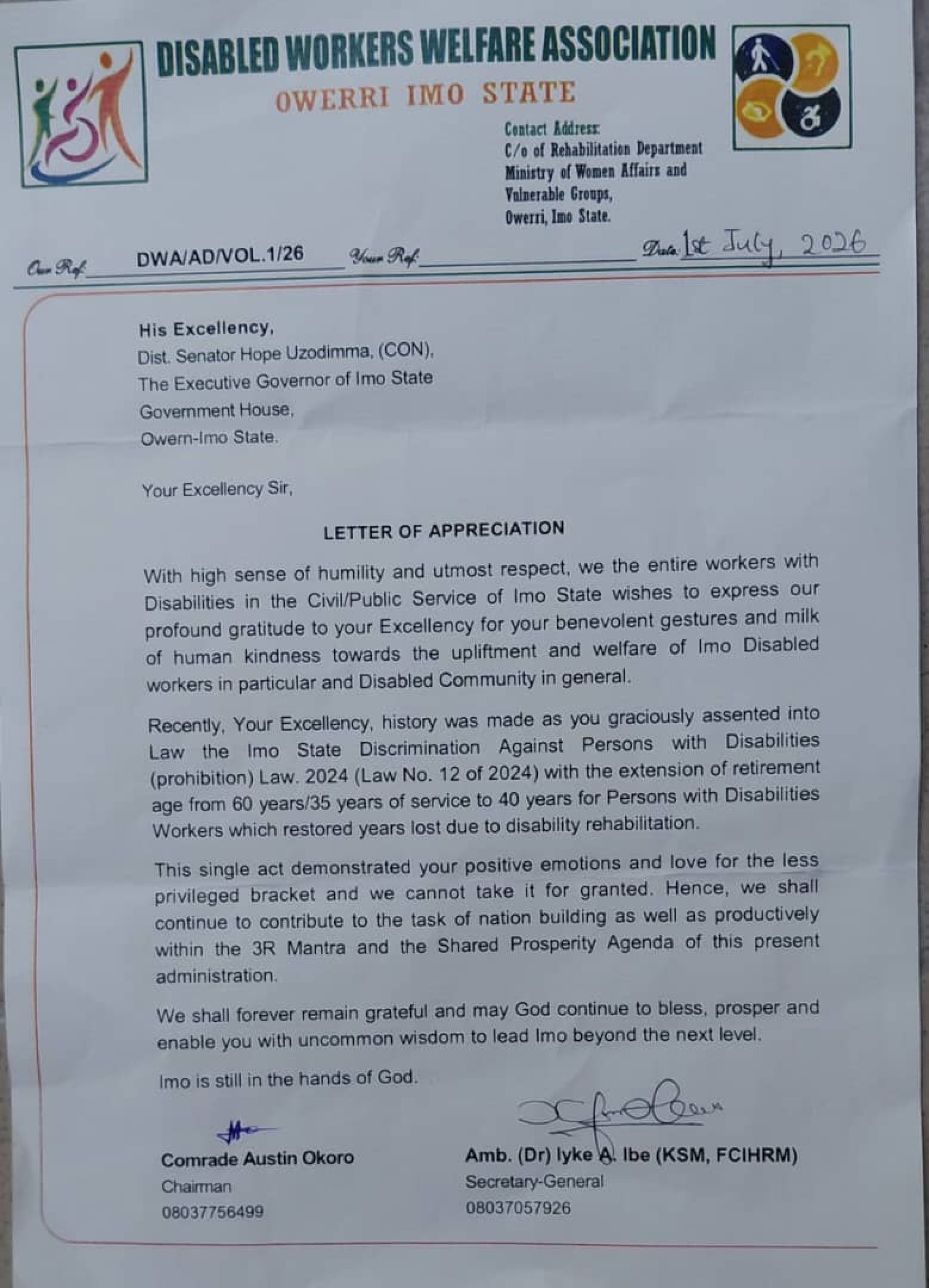 Imo Disabled Workers Welfare Association lauds Uzodinma over passage of disability law
