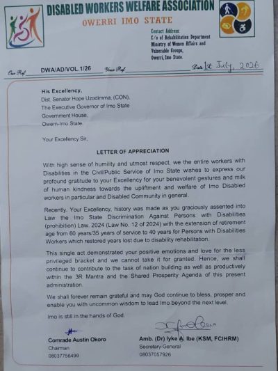 Imo Disabled Workers Welfare Association lauds Uzodinma over passage of disability law