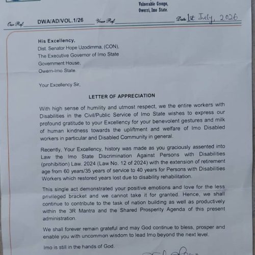 Imo Disabled Workers Welfare Association lauds Uzodinma over passage of disability law