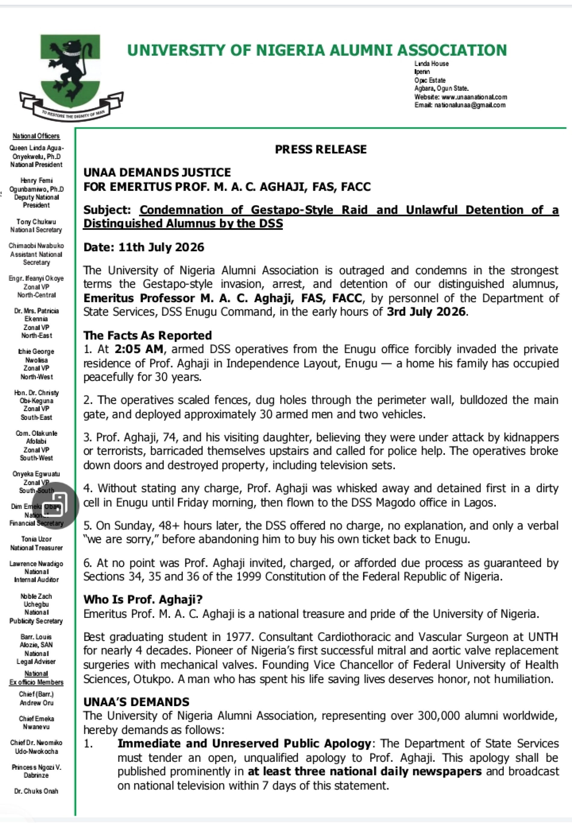 UNAA Condemns DSS Raid, Arrest of Emeritus Prof. Aghaji, Demands Justice