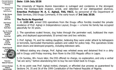 UNAA Condemns DSS Raid, Arrest of Emeritus Prof. Aghaji, Demands Justice
