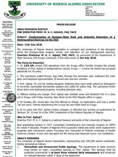 UNAA Condemns DSS Raid, Arrest of Emeritus Prof. Aghaji, Demands Justice