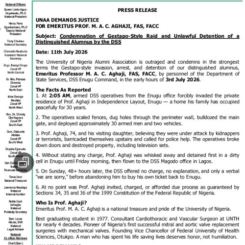 UNAA Condemns DSS Raid, Arrest of Emeritus Prof. Aghaji, Demands Justice