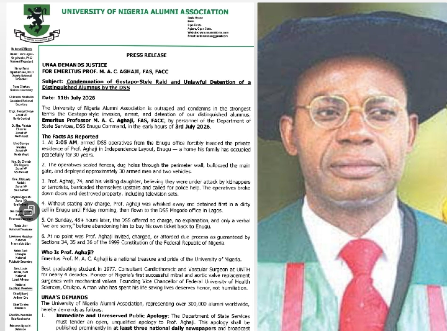 UNAA Condemns DSS Raid, Arrest of Emeritus Prof. Aghaji, Demands Justice