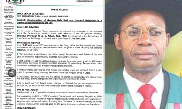 UNAA Condemns DSS Raid, Arrest of Emeritus Prof. Aghaji, Demands Justice