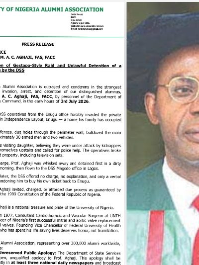 UNAA Condemns DSS Raid, Arrest of Emeritus Prof. Aghaji, Demands Justice