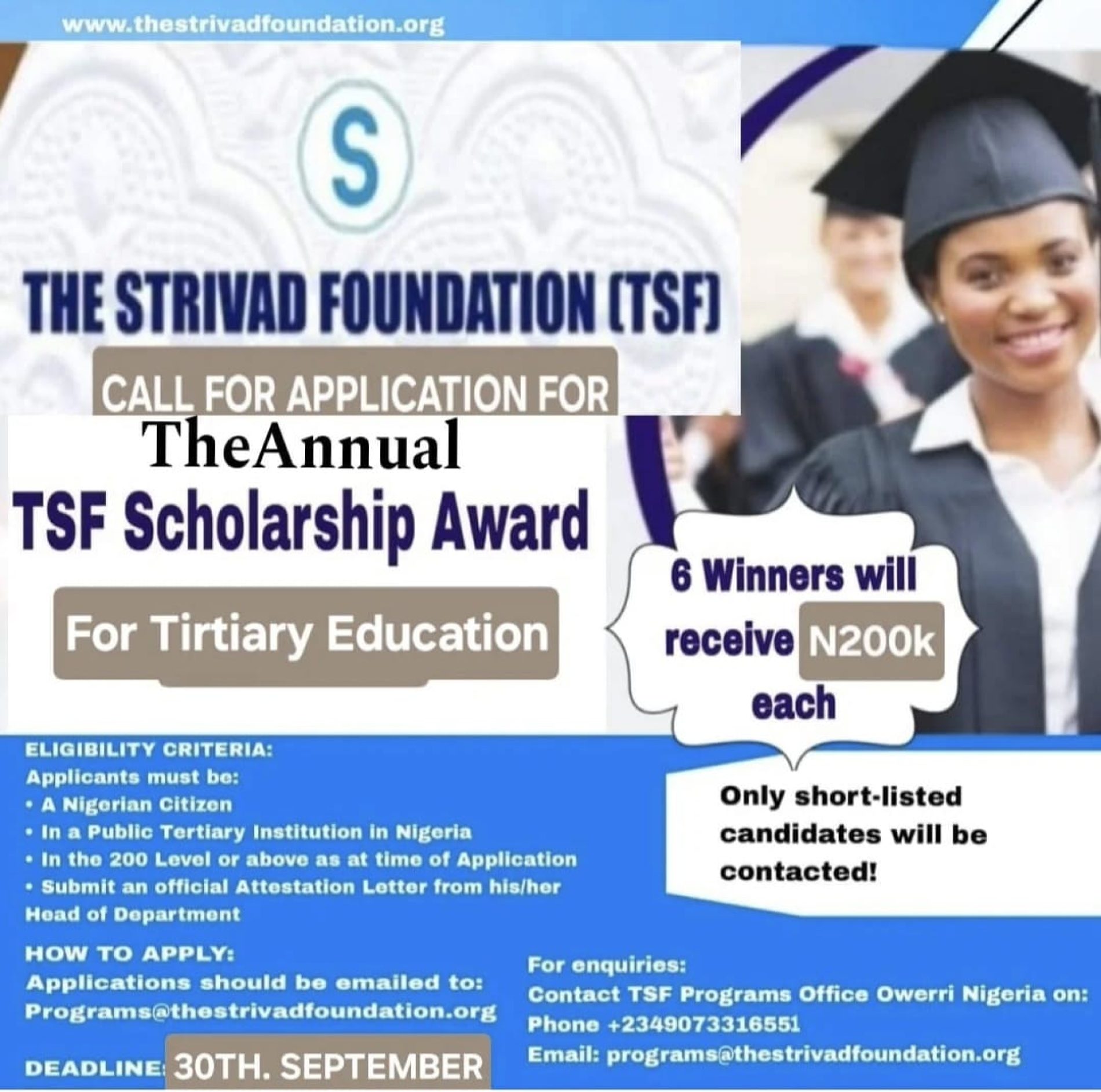 TSF calls for Applications for Scholarship Award for tertiary students in Nigeria