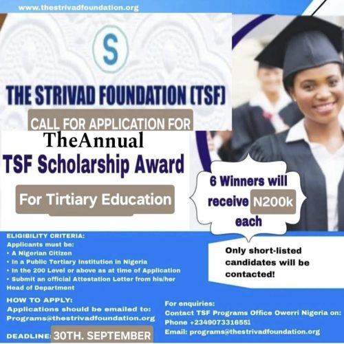 TSF calls for Applications for Scholarship Award for tertiary students in Nigeria