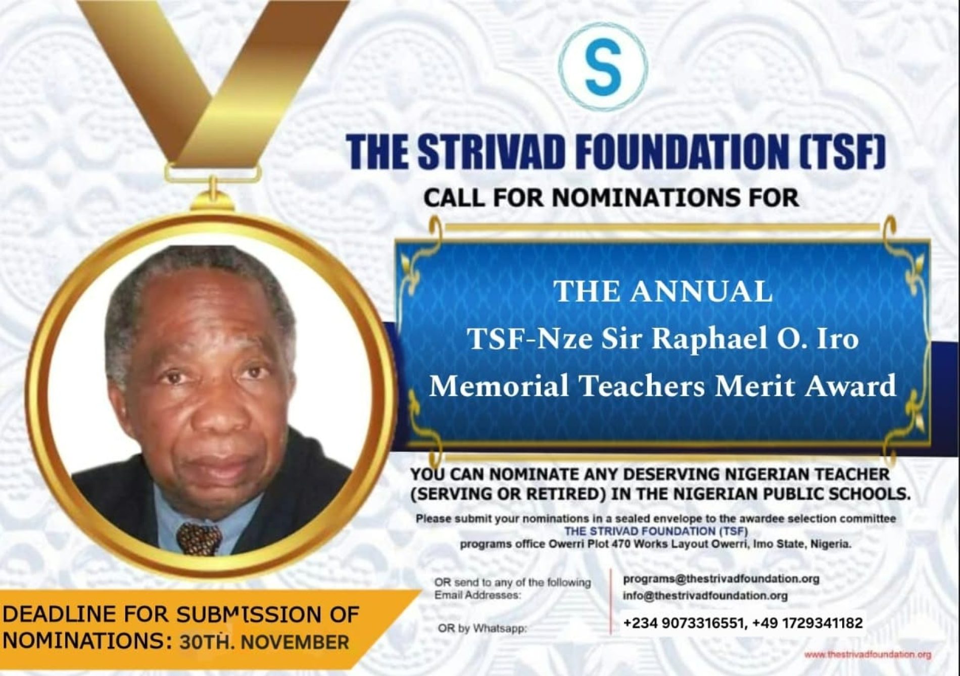 TSF calls for nominations for 2026 TSF – Nze Sir Raphael O. Iro Memorial Teachers Merit Award