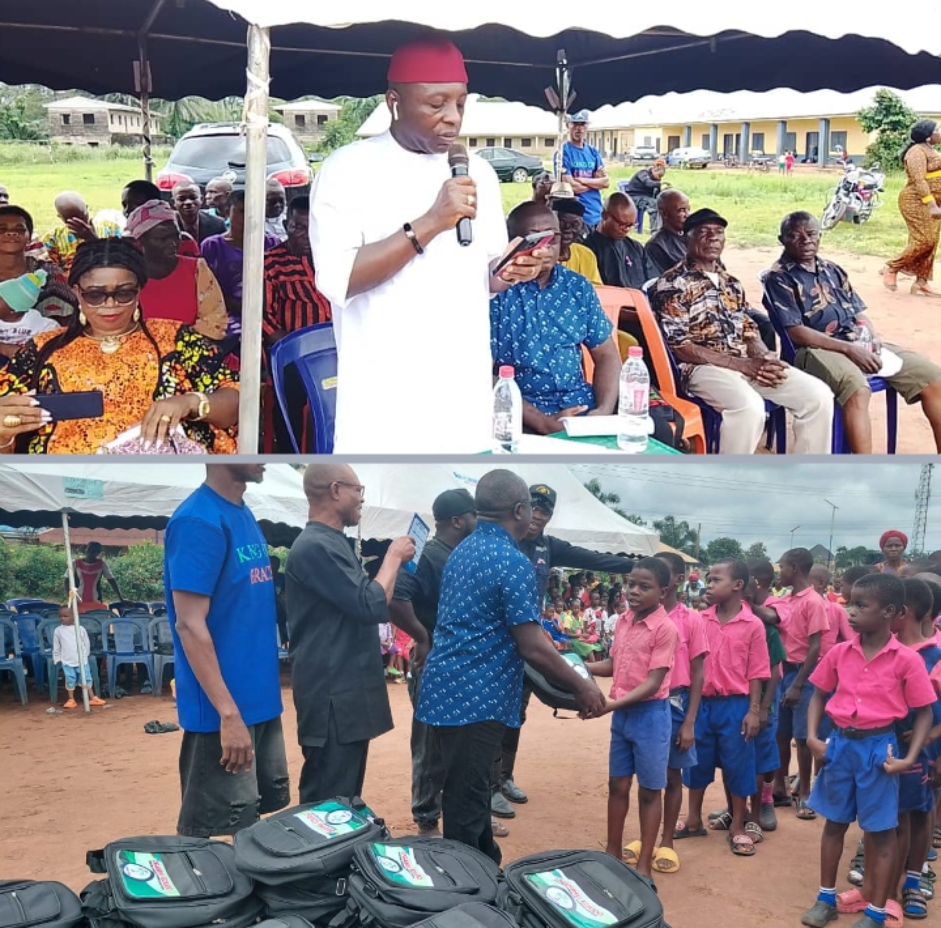 Oganihu Eziudo doles out educational materials to students