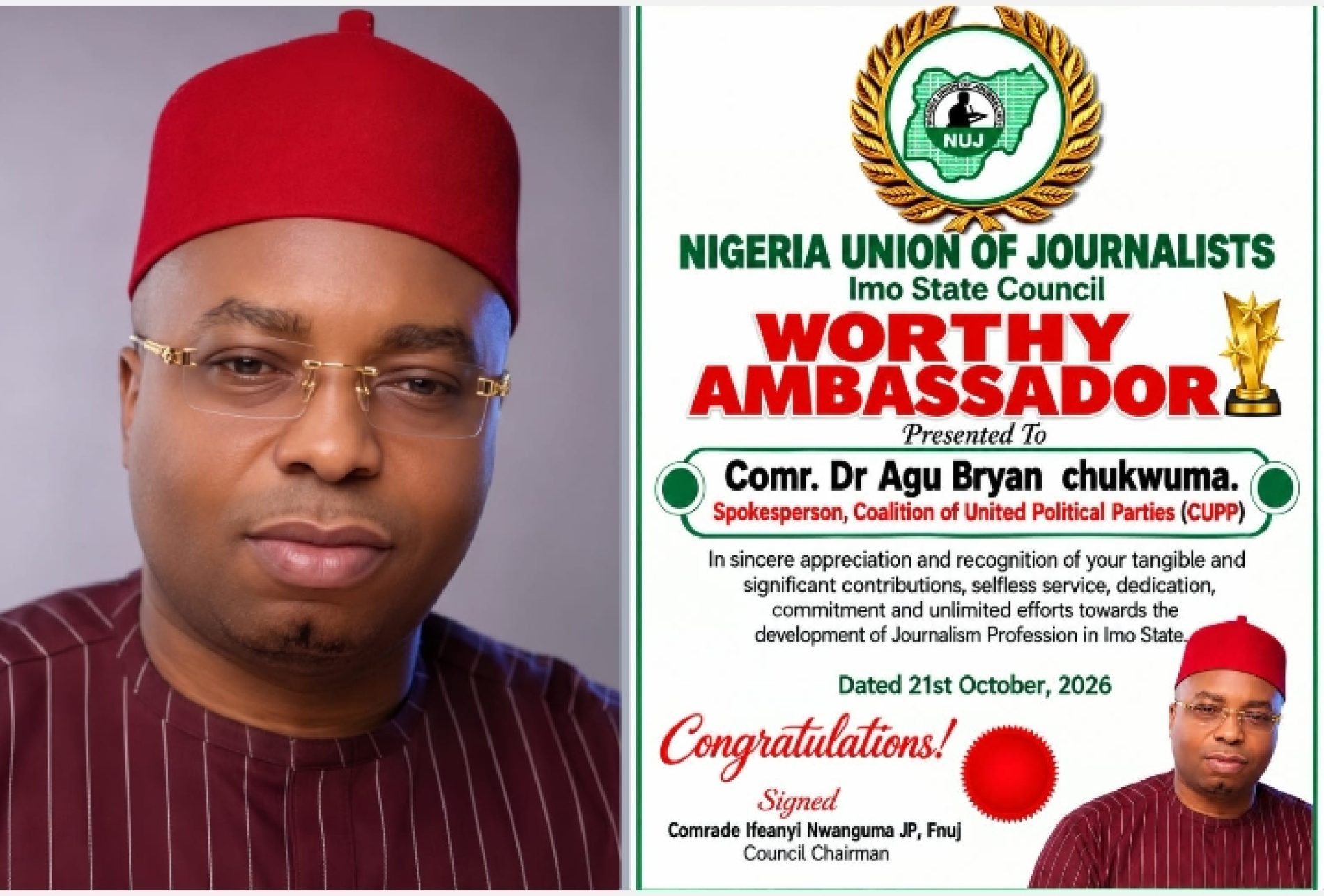 CUPP Spokesperson, Agu Bryan, Receives NUJ Worthy Ambassador Award