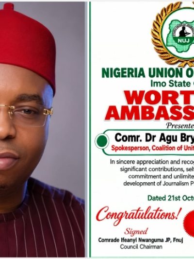 CUPP Spokesperson, Agu Bryan, Receives NUJ Worthy Ambassador Award